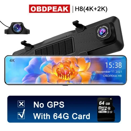 H8 4K+2K 12 '' Rear View Mirror Dash Camera 3840*2160 - GPS, WIFI, DUAL LENS