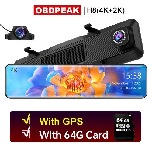 H8 4K+2K 12 '' Rear View Mirror Dash Camera 3840*2160 - GPS, WIFI, DUAL LENS