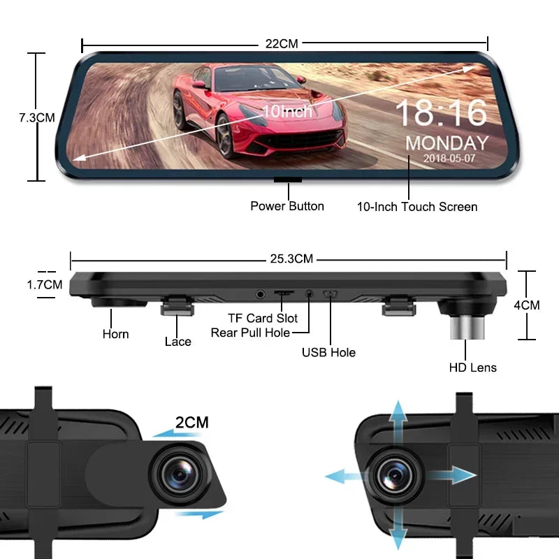 Touch Screen Car Stream Media Dashcam 1080P Dual Lens 10''