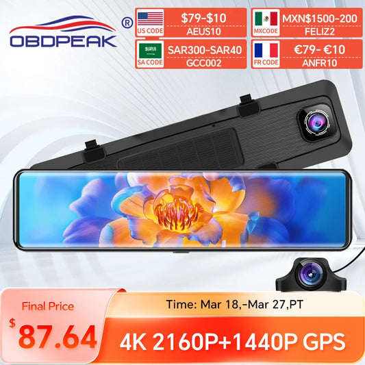 H8 4K+2K 12 '' Rear View Mirror Dash Camera 3840*2160 - GPS, WIFI, DUAL LENS